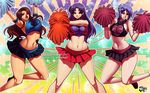  3girls bare_arms bare_shoulders bouncing_breasts breasts brown_eyes brown_hair cana_alberona cheerleader crossover curvy fairy_tail jadenkaiba katsuragi_misato konan large_breasts long_hair looking_at_viewer midriff multiple_girls naruto navel neon_genesis_evangelion open_mouth parted_lips purple_hair sideboob skirt smile stomach teeth thick_thighs thighs tied_hair together tongue 