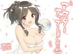  :d bare_shoulders blush breasts brown_eyes brown_hair cd cleavage commentary_request copyright_request eyebrows_visible_through_hair hand_up holding koi_to_koi_suru_utopia large_breasts naked_towel open_mouth peko ponytail short_hair signature smile solo takasugi_nanao towel translation_request upper_body 