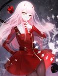  :&lt; apple arms_behind_back bangs black_legwear blunt_bangs buttons darling_in_the_franxx dress dress_lift expressionless eyebrows_visible_through_hair eyelashes floating floating_object food fruit green_eyes hand_on_own_chin highres horns long_hair long_sleeves looking_at_viewer military military_uniform moemoe3345 necktie pantyhose pink_hair red_dress red_neckwear solo thigh_gap uniform zero_two_(darling_in_the_franxx) 