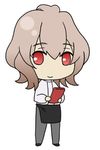  1boy ahoge apron bangs black_footwear black_pants brown_hair chibi eyebrows_visible_through_hair fate/apocrypha fate_(series) holding holding_menu kurripu1 long_pants long_sleeves looking_at_viewer male_focus pants red_eyes shirt shoes short_hair sieg_(fate/apocrypha) solo waist_apron waistcoat waiter white_shirt 