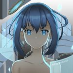  absurdres andonoz android artist_name bangs blue_eyes blue_hair cable close-up closed_mouth eyebrows_visible_through_hair face hair_between_eyes highres looking_at_viewer mechanical_halo original out-of-frame_censoring science_fiction short_hair solo topless 