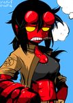  abs belt bike_shorts black_hair blue_background breasts broken_horn cigar cleavage demon demon_girl demon_tail genderswap genderswap_(mtf) gun hellboy hellboy_(comic) holster hooves horns jacket medium_breasts navel ponytail rariatto_(ganguri) red_skin sidelocks smoke smoking solo standing tail utility_belt weapon yellow_eyes 