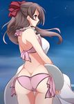  adapted_costume apron ass bikini bikini_under_clothes blush bow breasts brown_hair butt_crack closed_mouth cowboy_shot from_behind hair_bow kantai_collection large_breasts long_hair looking_to_the_side mamiya_(kantai_collection) nearly_naked_apron outdoors pink_bikini purple_eyes red-eyes_macadamiachoco side-tie_bikini sky solo standing swimsuit 