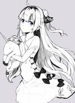  ahoge azur_lane bangs bare_shoulders blush bow closed_mouth collarbone criss-cross_halter detached_sleeves dress eyebrows_visible_through_hair grey_background hai_ookami hair_bun hair_ribbon halterneck long_hair long_sleeves looking_at_viewer looking_to_the_side monochrome object_hug one_side_up purple_eyes ribbon side_bun simple_background solo spot_color stuffed_alicorn stuffed_animal stuffed_toy unicorn_(azur_lane) very_long_hair 
