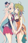  akiyoshi_(tama-pete) bangs bare_arms bare_legs black_bra black_hat black_shirt blue_eyes bra bracelet braid breasts choker dress earrings green_hair grey_background gumi hair_ribbon hat holding holding_hands ia_(vocaloid) jewelry long_hair looking_at_viewer medium_breasts multiple_girls orange_dress orange_ribbon pink_ribbon pink_skirt ribbon shirt short_hair short_hair_with_long_locks sidelocks simple_background skirt sleeveless smile star star_earrings underwear very_long_hair vocaloid white_hair white_wristband wristband 