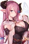  :3 animal_ears belt black_gloves blue_eyes breasts brown_belt butterfly_hair_ornament chromatic_aberration cleavage closed_mouth cow_ears draph gloves granblue_fantasy hair_ornament hair_over_one_eye highres horns large_breasts lavender_hair long_hair narmaya_(granblue_fantasy) open_clothes oyu_(sijimisizimi) pointy_ears sheath sheathed simple_background standing sword very_long_hair weapon 