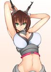  armpits arms_behind_head arms_up breasts brown_hair cleavage collar eyebrows_visible_through_hair gloves green_eyes hair_between_eyes headgear kantai_collection large_breasts looking_at_viewer metal_belt midriff mutsu_(kantai_collection) nac000 navel pink_background short_hair simple_background solo upper_body white_gloves 