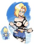  android_18 blonde_hair breasts dragonball_z nipples skirt smile torn_clothes vegeta 