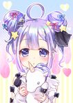  :o ahoge alternate_hairstyle azur_lane bangs black_bow black_ribbon blue_bow blush bow commentary_request double_bun dress eyebrows_visible_through_hair hair_bow hair_ornament hair_ribbon head_tilt heart holding holding_stuffed_animal long_sleeves looking_at_viewer nekomiya_noru_(yuduki710) parted_lips pink_bow purple_eyes purple_hair ribbon side_bun sleeves_past_wrists solo star star_hair_ornament striped striped_background stuffed_alicorn stuffed_animal stuffed_toy two_side_up unicorn_(azur_lane) vertical-striped_background vertical_stripes white_dress 