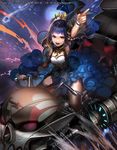  :d armpits bangs blue_hair blue_nails blue_skirt blunt_bangs brown_legwear crescent detached_sleeves emperors_saga fingernails ground_vehicle heterochromia highres index_finger_raised liduke motor_vehicle motorcycle nail_polish official_art open_mouth purple_hair riding round_teeth science_fiction short_hair skirt smile solo teeth thighhighs watermark wide_sleeves wristband yellow_eyes 