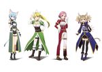  4girls animal_ears blonde_hair blue_hair brown_hair garters leafa lisbeth multiple_girls pink_hair pointy_ears shinon_(sao) silica simple_background sword_art_online tail thighhighs 