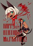  1girl animal_ears aqua_eyes ass bangs belt belt_pouch black_legwear blood blunt_bangs breasts cat_ears cat_tail character_name collar dark_skin dated ekubo_(ciaobero) facial_scar fangs feathers female from_behind grey_background guro hands_behind_back happy happy_birthday looking_at_viewer midriff ms._fortune_(skullgirls) one_eye_closed open_mouth severed_head sharp_fingernails sharp_toenails short_hair short_shorts shorts sideboob simple_background skullgirls slender_waist small_breasts solo standing_on_one_leg stitches tail underboob white_hair wink 