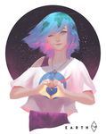  absurdres bangs blue_eyes blue_hair closed_mouth commentary earth-chan fahmi_fauzi gradient_hair green_hair heart heart_hands highres jewelry lips looking_at_viewer multicolored_hair nasa_logo necklace night night_sky no_pupils one_eye_closed original pink_hair shirt short_hair short_sleeves sky smile solo space star_(sky) swept_bangs white_shirt 