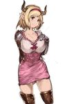  arm_behind_back armor bangs blonde_hair boots breasts brown_eyes brown_footwear cleavage closed_mouth collarbone commentary_request djeeta_(granblue_fantasy) draph dress fighter_(granblue_fantasy) gauntlets granblue_fantasy hairband hand_on_own_chest head_tilt heart high-waist_skirt highres horns large_breasts looking_at_viewer pink_dress pink_hairband pink_skirt pointy_ears red_hairband shiny shiny_hair short_dress short_hair shoulder_armor simple_background skirt smile solo swept_bangs tareme thigh_boots thighhighs white_background yashigaras zettai_ryouiki 