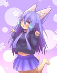  absurdres animal_ears bangs barefoot black_hoodie blue_skirt blush commentary_request eyebrows_visible_through_hair fox_ears hair_between_eyes hair_ornament hands_up head_tilt highres hood hood_down hoodie idaten93 long_hair long_sleeves looking_at_viewer midriff_peek navel original parted_lips pleated_skirt purple_eyes purple_hair sidelocks skirt solo till_(idaten93) very_long_hair x_hair_ornament 