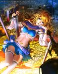  bangs blonde_hair blue_bra blue_skirt bow bra bracelet breasts coin detached_sleeves earrings emperors_saga eyebrows_visible_through_hair garter_belt gold hair_bow hair_ornament headband highres holding holding_sword holding_weapon jewelry large_breasts liduke looking_at_viewer lying navel official_art on_back purple_eyes short_hair skirt smile solo sword tassel thighhighs tongue tongue_out treasure underwear watermark weapon white_legwear 