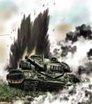  commentary_request explosion grass ground_vehicle military military_vehicle motor_vehicle no_humans original sao_satoru sky smoke t-72 tank tank_focus 