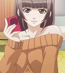  1girl brown_eyes brown_hair camera highres ikuno_emiru long_hair looking_at_viewer nozoki_ana screencap smile stitched 