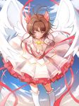  antenna_hair bad_id bad_pixiv_id brown_hair cardcaptor_sakura closed_eyes dress hat highres kinomoto_sakura magical_girl namunamu_(kkyyao) short_hair simple_background smile solo white_hat 