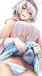  blue_eyes breasts dennou_shoujo_youtuber_shiro gloves highres large_breasts marushin_(denwa0214) panties shiro_(dennou_shoujo_youtuber_shiro) skirt skirt_lift solo striped striped_panties underwear virtual_youtuber white_hair 