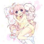  artist_request blue_eyes blush breasts candy cleavage cookie cup drink eyebrows_visible_through_hair food hair_ornament long_hair lying macaron marshmallow midriff mismatched_legwear navel official_art on_side one_side_up open_mouth pillow pink_hair single_thighhigh sleepwear small_breasts solo striped striped_legwear stuffed_animal stuffed_bunny stuffed_toy thighhighs transparent_background uchi_no_hime-sama_ga_ichiban_kawaii 