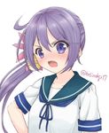  akebono_(kantai_collection) bell blue_sailor_collar flower hair_bell hair_flower hair_ornament hoshino_kagari jingle_bell kantai_collection long_hair open_mouth purple_eyes purple_hair sailor_collar school_uniform serafuku short_sleeves side_ponytail simple_background solo twitter_username upper_body very_long_hair white_background 