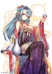  blue_hair bottle braid breasts chinese_clothes copyright_name crescent_moon crown cup dress drunk hair_ornament hanfu interitio medium_breasts moon official_art one_eye_closed print_dress purple_dress red_eyes ribbon scroll sid_story sitting solo tattoo twin_braids white_ribbon 