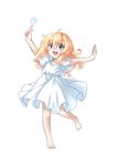  :d arm_up barefoot blonde_hair blue_eyes child dress full_body long_hair open_mouth original pointing puffy_short_sleeves puffy_sleeves shinsekai1205 short_sleeves smile solo standing standing_on_one_leg white_dress 