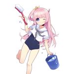  artist_request barefoot blue_swimsuit blush bucket eyebrows_visible_through_hair hair_ornament holding holding_brush holding_bucket leg_up long_hair looking_at_viewer neckerchief official_art one-piece_swimsuit one_eye_closed one_side_up pink_hair school_swimsuit school_uniform serafuku short_sleeves smile solo swimsuit transparent_background uchi_no_hime-sama_ga_ichiban_kawaii water 