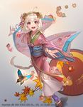  :d ahoge blonde_hair braid bug butterfly emperors_saga floral_print full_body grey_background hair_ornament hairband highres insect japanese_clothes kimono leaf liduke long_hair long_sleeves maple_leaf obi official_art open_mouth oriental_umbrella outstretched_arms pink_kimono platform_footwear purple_legwear red_eyes red_umbrella sandals sash single_braid smile solo spread_arms standing tabi umbrella very_long_hair watermark wide_sleeves 