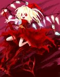  :d absurdres ascot asymmetrical_wings bangs bare_legs barefoot blonde_hair blush crazy_eyes crazy_smile diamond_(shape) dress fangs flandre_scarlet flat_chest gem hair_between_eyes hair_ribbon highres holding holding_spear holding_weapon koumajou_densetsu laevatein legs_apart long_hair looking_at_viewer official_style oota_jun'ya_(style) open_mouth orange_neckwear polearm purple_background red_dress red_eyes red_ribbon ribbon short_sleeves side_ponytail smile solo spear teeth tongue torn_clothes torn_dress torn_ribbon touhou weapon wings yuki-ichigo 