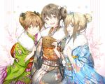  alternate_costume alternate_hairstyle bangs blonde_hair blue_eyes blue_kimono blush bow breasts brown_eyes brown_hair cherry_blossoms closed_mouth commentary_request double_bun eyebrows_visible_through_hair floral_background floral_print fur-trimmed_kimono fur_trim girls_frontline green_eyes green_kimono grey_kimono hair_between_eyes hair_bow hair_ornament hair_ribbon hairband hairclip holding japanese_clothes k-2_(girls_frontline) kimono long_hair looking_at_viewer medium_breasts multiple_girls obi open_mouth phino rfb_(girls_frontline) ribbon sash sidelocks sitting smile snowflake_hair_ornament suomi_kp31_(girls_frontline) tareme 