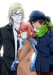  2boys :d aijima_cecil black-framed_eyewear black_coat black_neckwear blonde_hair blue_coat blue_eyes blue_hat blue_scarf brown_coat brown_eyes brown_hair camus_(uta_no_prince-sama) coat glasses gloves green_eyes green_scarf grey_gloves hand_on_shoulder hand_up hands_in_pockets hat multiple_boys nanami_haruka open_clothes open_coat open_mouth red_hair saklo scarf smile uta_no_prince-sama 