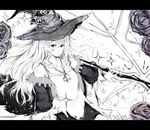  absurdres bare_shoulders black_cape breasts cape closed_mouth collarbone commentary_request dorothy_(shingeki_no_bahamut) eyebrows_visible_through_hair greyscale hair_between_eyes hat highres jewelry long_hair looking_at_viewer monochrome mugo_(mugokii) necklace shadowverse shingeki_no_bahamut small_breasts smile solo sparkle staff witch witch_hat 