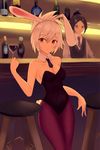  1girl animal_ears bare_shoulders battle_bunny_riven breasts bunny_ear_hairband bunny_ears bunny_tail bunnysuit cleavage detached_collar drink hairband league_of_legends lips medium_breasts necktie pantyhose ponytail red_eyes riven_(league_of_legends) silver_hair stool tail 
