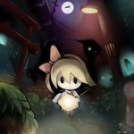  blonde_hair bow dated full_moon hair_bow lamppost manhole_cover moon nekomaguro night outdoors power_lines protagonist_(yomawari) school_uniform shadow_hands shinsekai1205 stairs standing torii yomawari yomawari:_night_alone 