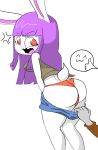  anger_vein anthro big_butt blush breasts butt clothed clothing disembodied_hand duo eyelashes female fur grey_fur hair lagomorph long_hair looking_at_viewer looking_back mammal nipple_bulge open_mouth orange_eyes panties purple_hair rabbit rear_view simple_background solo_focus thumbs_up tongue tonytoran underwear undressing white_background white_fur 