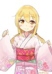  alternate_costume artist_name blonde_hair cowboy_shot dated floral_print gradient_kimono highres japanese_clothes kaede_shiroppu kantai_collection kimono long_hair looking_at_viewer low_twintails obi pink_kimono sash satsuki_(kantai_collection) simple_background smile solo twintails w_arms white_background yellow_eyes 