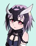  :o alternate_eye_color alternate_hair_color antennae bangs bare_shoulders blue_background blush chain commentary_request cosplay cowfee eyebrows_visible_through_hair fate/grand_order fate_(series) gorget hair_intakes headpiece highres jeanne_d'arc_(alter)_(fate) jeanne_d'arc_(fate)_(all) mayu_(kaafi) moth_girl original parted_lips pink_eyes purple_hair simple_background solo upper_body 