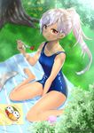  barefoot blue_swimsuit breasts commentary_request day food grass highres long_hair looking_at_viewer minamoto_mamechichi obentou one-piece_swimsuit original outdoors ponytail red_eyes school_swimsuit shiny shiny_clothes silver_hair sitting small_breasts smile solo_focus swimsuit tako-san_wiener tan tree wariza 