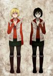  black_hair blonde_hair breasts cleavage commentary_request dual_persona heather_mason jacket kaniharu memory_of_alessa miniskirt monster_girl pantyhose short_hair silent_hill silent_hill_(movie) skirt vest 