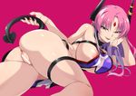  akawiro anus areolae ass bar_censor breasts censored commentary_request demon_girl demon_tail dutch_angle horns large_breasts looking_at_viewer looking_back lying makeup naughty_face nipple_slip nipples no_bra no_panties on_side original pink_background pointless_censoring pussy revealing_clothes shiny shiny_skin smile solo succubus tail yellow_eyes 
