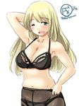  atago_(kantai_collection) black_bra black_legwear black_panties blonde_hair bra breasts cleavage cowboy_shot crotch_seam dated green_eyes kantai_collection large_breasts long_hair looking_at_viewer one_eye_closed open_mouth panties panties_under_pantyhose pantyhose simple_background smile solo tatsumi_ray thighband_pantyhose twitter_username underwear white_background 