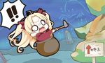  1girl absurdres blank_eyes blonde_hair cape cauldron chibi commentary_request crown directional_arrow earrings ereshkigal_(fate/grand_order) fate/grand_order fate_(series) furrowed_eyebrows getting_over_it highres holding jako_(jakoo21) jewelry long_hair parody shaded_face sign sledgehammer solo sweat two_side_up v-shaped_eyebrows 