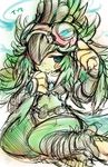  aqua_eyes beak belt brown_belt character_name closed_mouth crop_top eyebrows eyelashes feather_hair feathers fur_collar gem goggles goggles_on_head green_hair highres ibuki_(xenoblade) long_hair looking_at_viewer monster_girl sasaki_shou sitting sketch smile solo talons wariza xenoblade_(series) xenoblade_2 