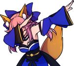  1girl animal_ears armpits bare_shoulders blue_dress blue_ribbon breasts caster_(fate/extra) cleavage dab_(dance) detached_sleeves dress fate/extra fate_(series) fox_ears fox_girl fox_tail hair_ribbon japanese_clothes kimono long_hair long_sleeves pink_hair ribbon solo speckticuls tail tamamo_(fate)_(all) tamamo_no_mae_(fate) transparent_background 