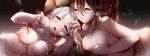  2girls azur_lane bad_revision bangs blue_eyes blush breast_grab breasts brown_eyes brown_hair censored_revision collarbone commentary_request cum cum_in_mouth cum_on_body cum_on_breasts cum_on_upper_body cum_string erection grabbing gradient gradient_background hair_between_eyes hair_ornament handjob hetero inverted_nipples large_breasts long_hair lying makeup md5_mismatch miyuki_yaya mole mole_under_eye multiple_girls navel nipples nude on_side on_stomach open_mouth paizuri parted_lips penis ponytail shoukaku_(azur_lane) silver_hair sweat testicles tongue tongue_out uncensored zuikaku_(azur_lane) 