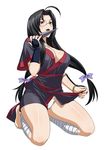  1girl barefoot black_hair breasts cleavage feet glasses ikkitousen japanese_clothes kaku_bunwa kunai large_breasts long_hair tagme weapon 