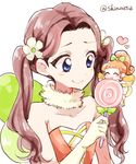  ^_^ aikatsu! aikatsu!_(series) bare_shoulders blue_eyes blush blush_stickers bow brown_hair candy chibi choker closed_eyes fairy_wings flower food fujiwara_miyabi_(aikatsu!) gloves hair_bow hair_flower hair_ornament heart kurisu_kokone lollipop long_hair minigirl multiple_girls open_mouth orange_hair ponytail shinoasa simple_background size_difference sleeveless smile twintails twitter_username upper_body white_background wings 