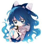  bangs bare_legs barefoot blue_bow blue_eyes blue_hair blue_skirt bow chibi eyebrows_visible_through_hair full_body hair_bow holding holding_stuffed_animal hood hoodie long_hair looking_at_viewer short_sleeves simple_background six_(fnrptal1010) skirt solo stuffed_animal stuffed_cat stuffed_toy touhou very_long_hair white_background yorigami_shion 